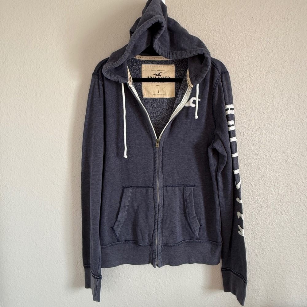 Y2K Hollister Mens Large Full Zip Hoodie Navy Spellout Graphic Puff Preppy‎